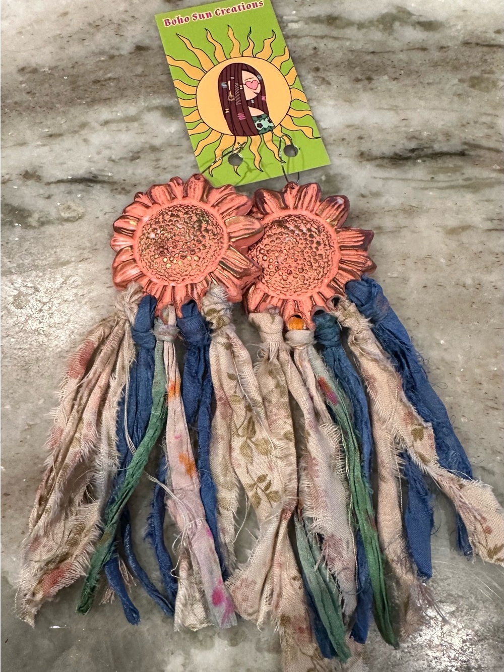 Boho Sun Creations Sunflower Fringe Earrings - Coral & Mixed Fabric